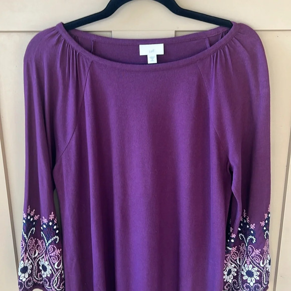 J. Jill Sz M Like New Dark Plumb Shift Midi Dress Embroidered Boho Long Sleeves - Picture 2 of 9
